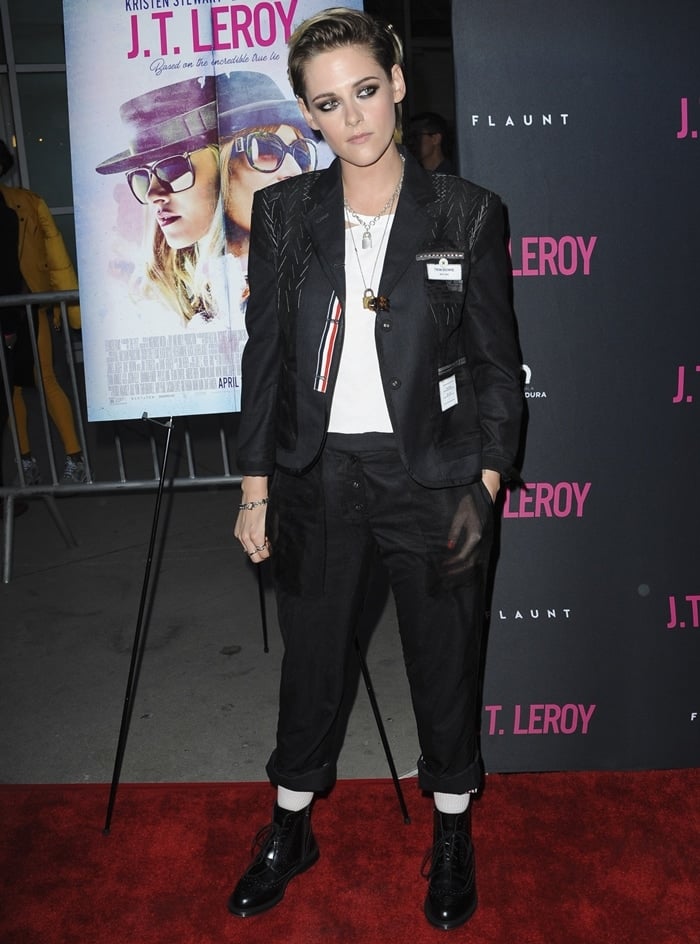 Kristen Stewart styled her black suit with black Delphine brogue boots from Dr. Martens