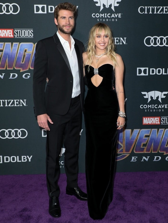 Miley Cyrus and Liam Hemsworth at the Avengers: Endgame premiere at the Los Angeles Convention Center in Los Angeles on April 22, 2019