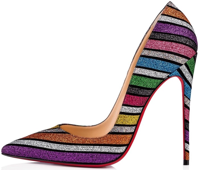 Made of suede and striped in multi-colored glitter, it cradles the foot with shine