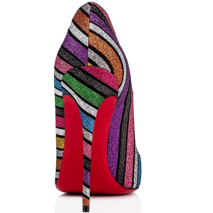 Stripes of candy-colored glitter wrap a pump styled for entrances with a towering stiletto and a dramatically plunging topline