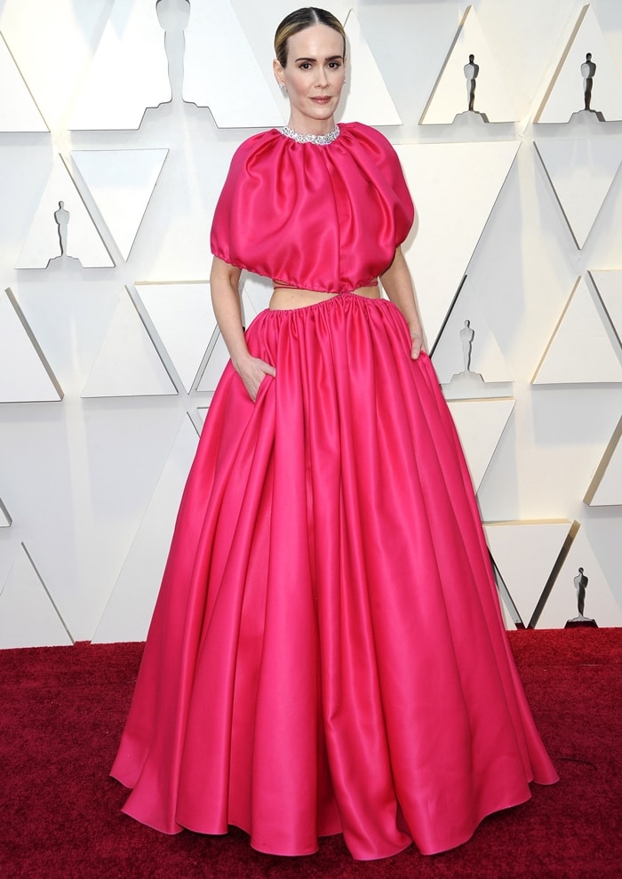 Sarah Paulson's fuchsia-colored Brandon Maxwell gown at the 2019 Academy Awards at the Dolby Theatre in Los Angeles on February 24, 2019