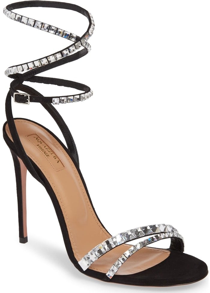 Bejeweled straps bring sparkle to this stiletto-heeled sandal, catching the light—and the eye—with every elegant step
