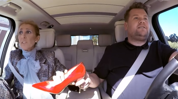 Celine Dion gives away red pointy-toe pumps with James Corden