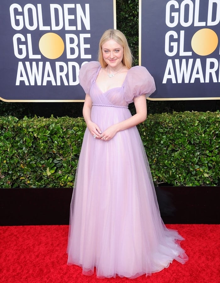Dakota Fanning in a beautiful lilac Dior Couture gown, Sophia Webster shoes, and Dior Fine Jewelry at the 2020 Golden Globe Awards