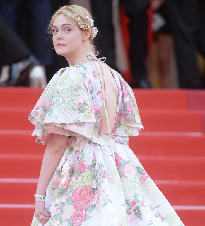 Elle Fanning's jacquard ‘Rose Borbonica’ dress by Valentino