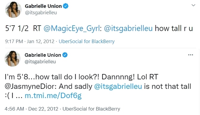 Gabrielle Union humorously claims different heights in tweets, stating she is 5'7 ½" in one and 5'8" in another