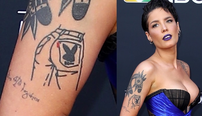 Halsey's arm tattoo shows Levi’s red tag jeans with the Playboy bunny logo on the pocket
