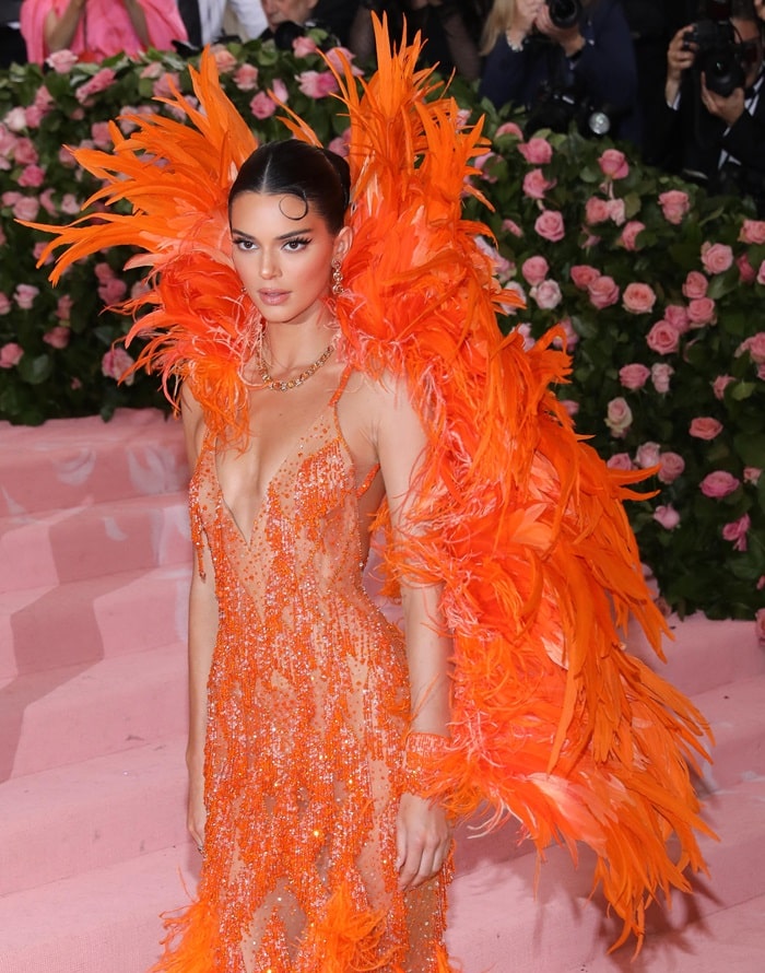 Kendall Jenner's bright orange Cher-inspired Versace chicken dress