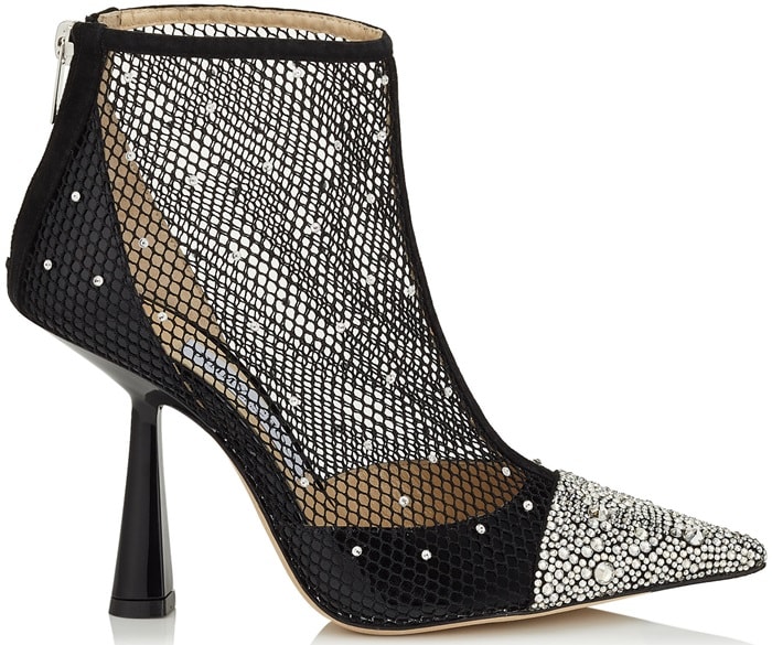 These boots are crafted with a curved, inverted heel and a point toe that is set with a crystal-embellished cap, then finished with black patent leather panels across the heel and over the toes