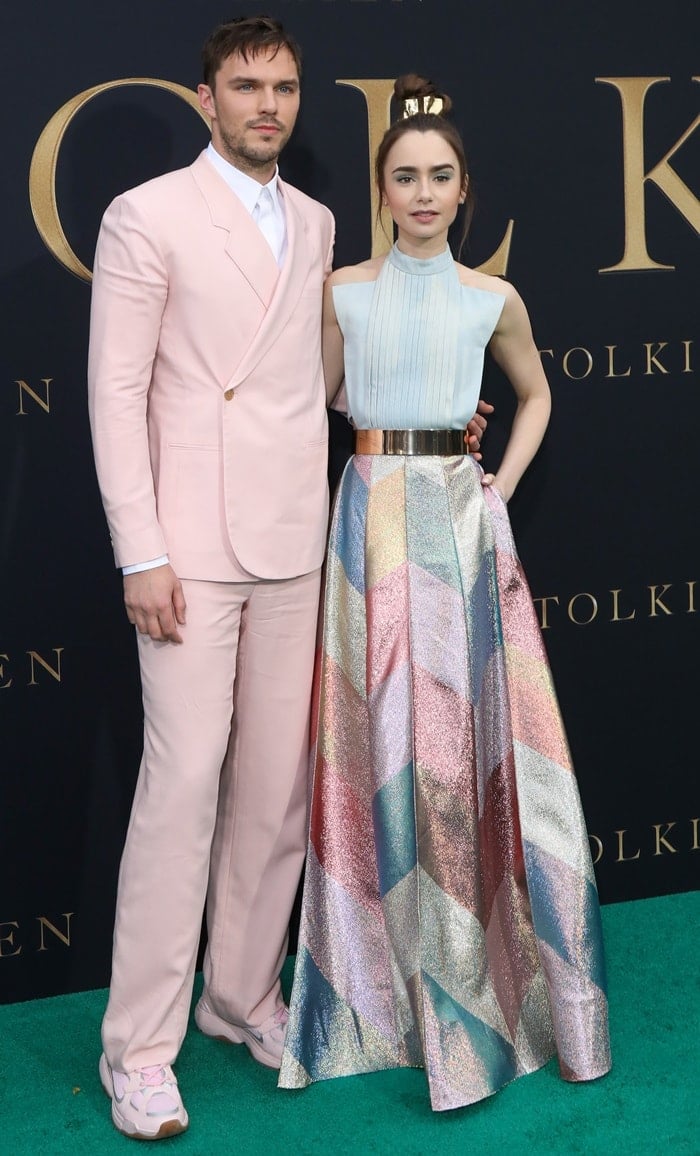 Lily Collins and Nicholas Hoult hit the green carpet together at the premiere of Tolkien