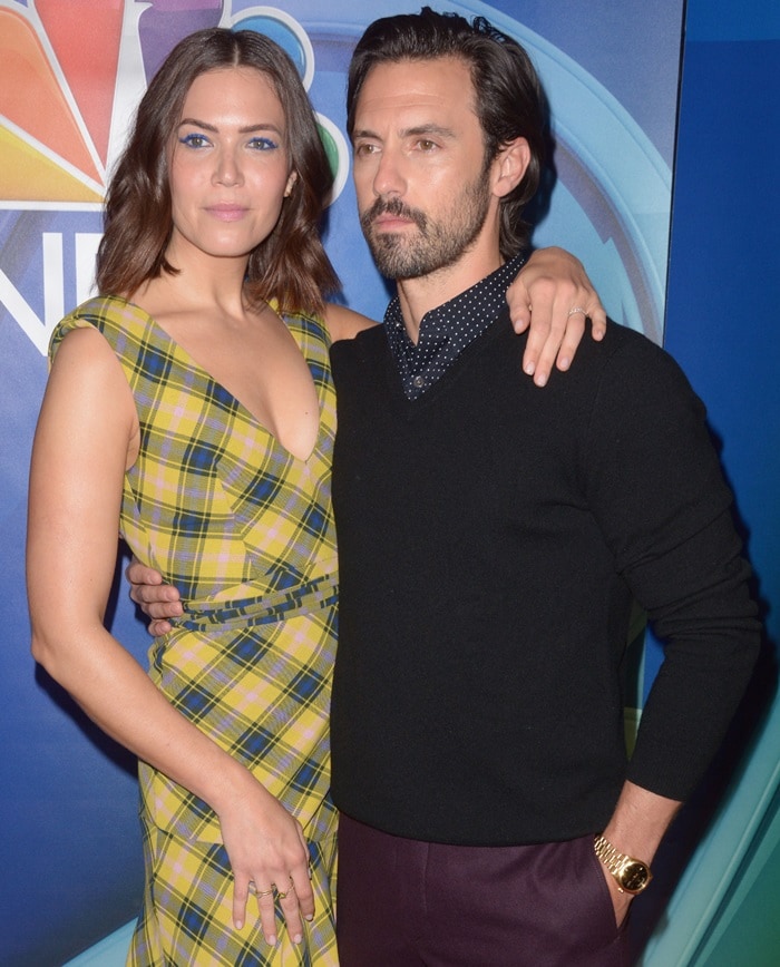 Mandy Moore and Milo Ventimiglia pose for a photo while attending NBC’s Upfronts event in New York City