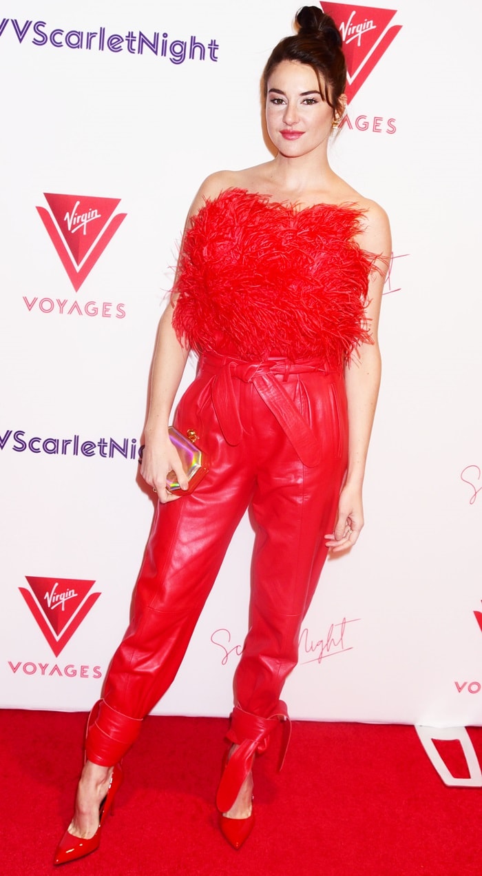 Shailene Woodley was all red on the red carpet while attending the Virgin Voyages Scarlet Night Party