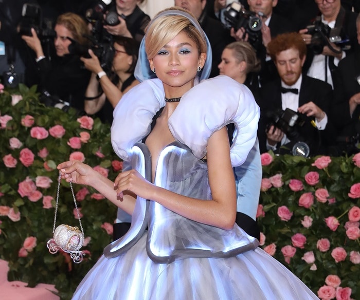 Zendaya's glittering pumpkin-carriage Judith Leiber clutch at the 2019 Met Gala