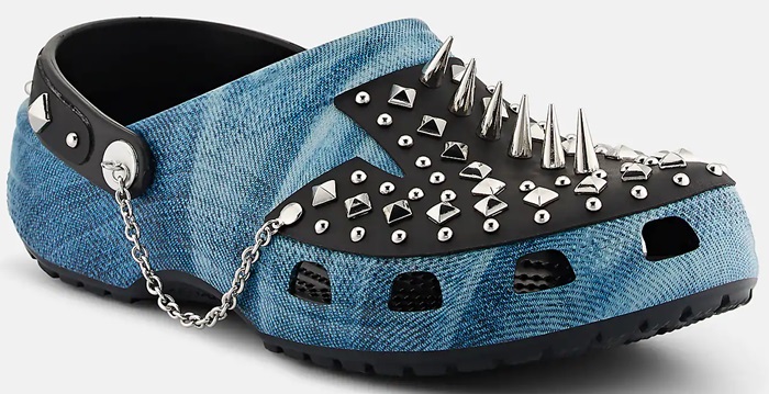 Barneys New York x Crocs' blue denim-print-rubber clogs are trimmed with black smooth leather