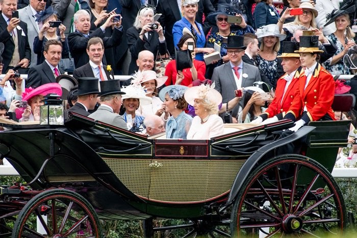 Camilla Duchess of Cornwall and Catherine Duchess of Cambridge arriving during day one of Royal Ascot at Ascot Racecourse