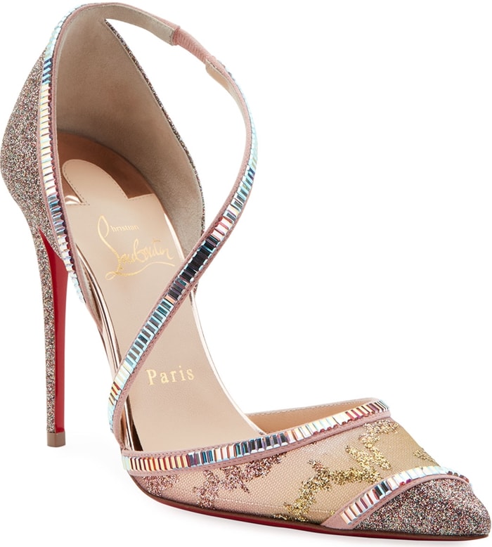 Glittering embellishment on mesh and leather pumps, finished with dazzling beaded trim