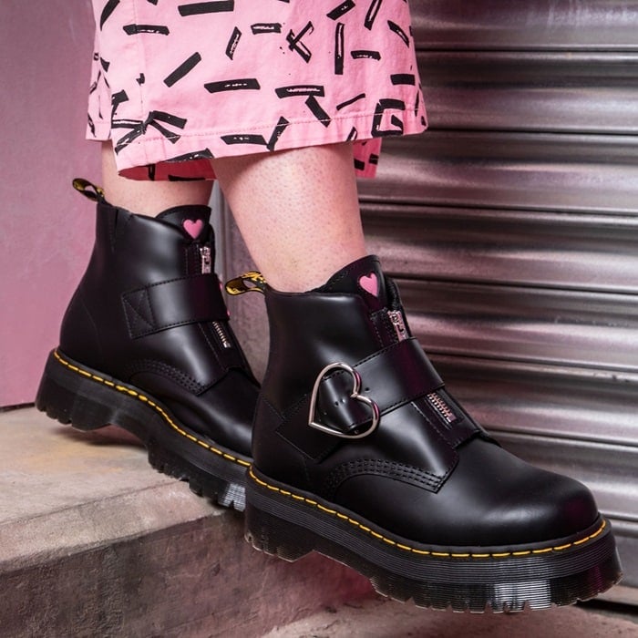 The new Buckle Boot is crafted from black Smooth leather and features a statement heart shaped nickel buckle and a pink heart tag