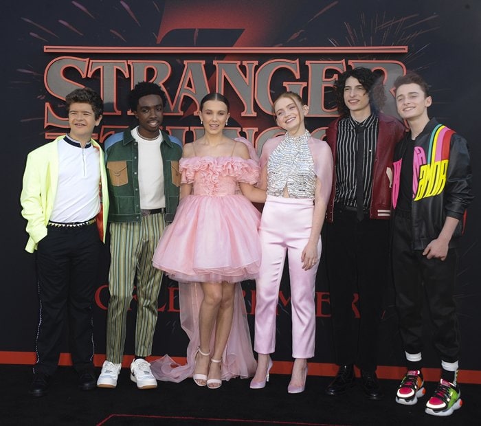 Gaten Matarazzo, Caleb McLaughlin, Finn Wolfhard, Noah Schnapp, Sadie Sink, and Millie Bobby Brown attend the Season 3 premiere of Stranger Things