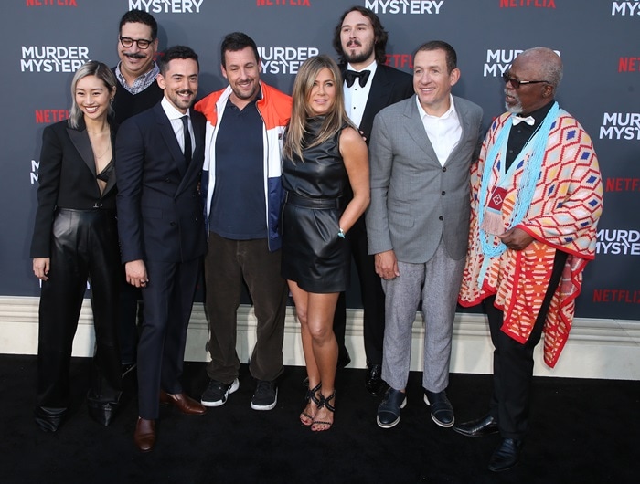 Shioli Kutsuna, Erik Griffin, Luis Gerardo Méndez, Adam Sandler, Jennifer Aniston, Kyle Newacheck, Dany Boon, and John Kani at the premiere of Murder Mystery