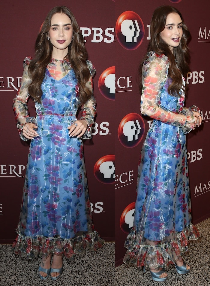 Lily Collins in a sheer, blue floral-printed dress,