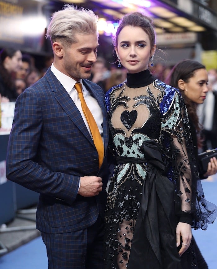 Zac Efron loved Lily Collins' sheer black Elie Saab Spring 2019 gown at the Extremely Wicked Shockingly Evil and Vile London Premiere.