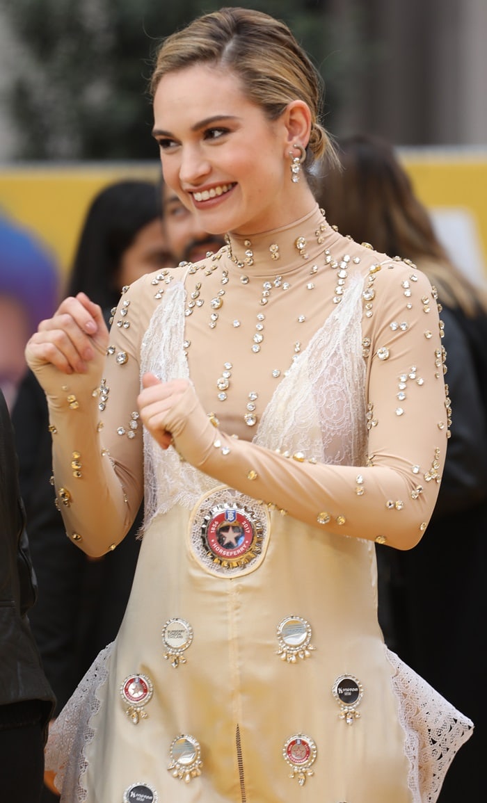 Lily James wore a custom Burberry dress for the premiere