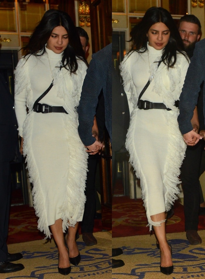 Priyanka Chopra flashed her legs in a white, long-sleeved David Koma dress