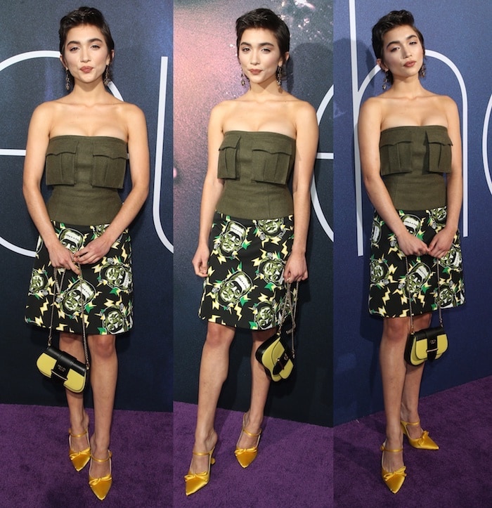 Rowan Blanchard wears a Prada comic-printed Frankenstein skirt at the LA Premiere of "Euphoria" on June 5, 2019.