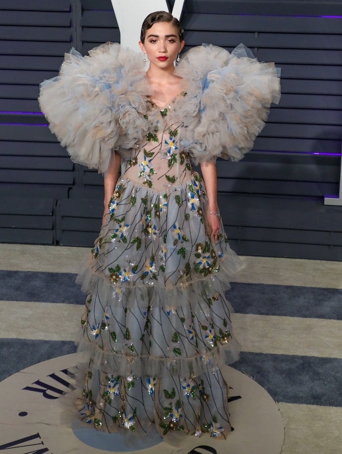 Rowan Blanchard in a unique, puff-sleeved Rodarte Spring 2019 gown at the Vanity Fair Oscars Party earlier this year.