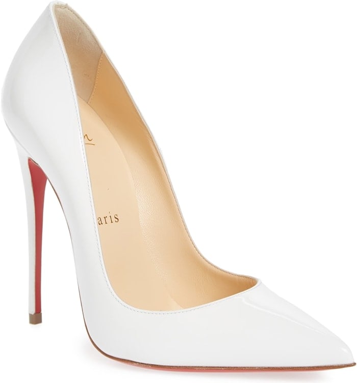 This glossy pump boasts Christian Louboutin's finest stiletto heel, set near-vertical to dramatically shape your gait into a jaw-dropping stride