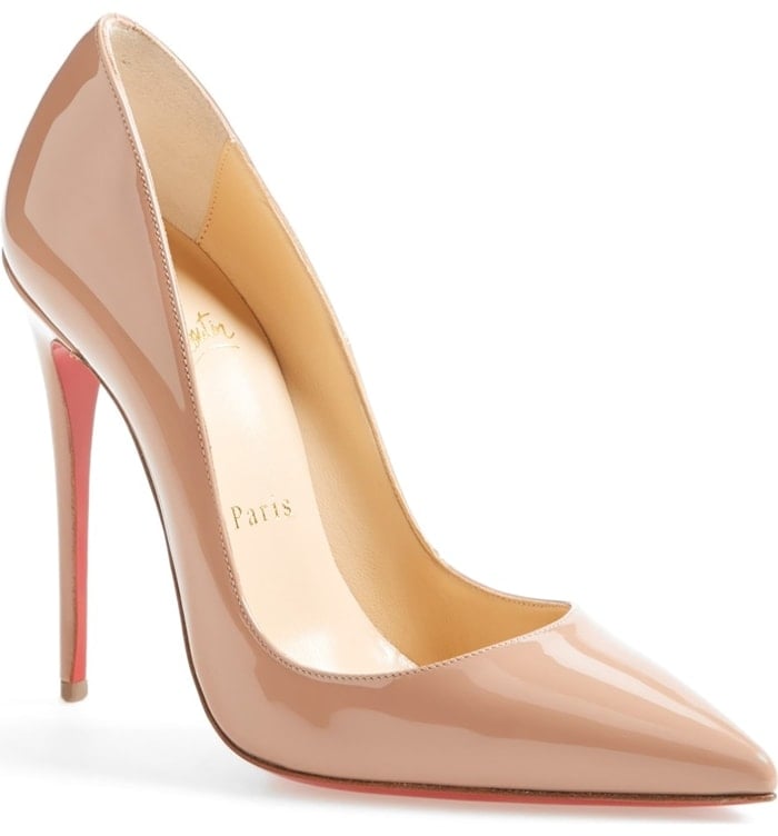 This glossy pump boasts Christian Louboutin's finest stiletto heel, set near-vertical to dramatically shape your gait into a jaw-dropping stride