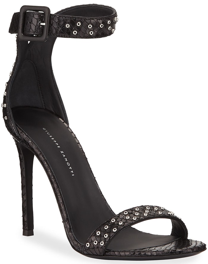 Studded Snake-Print Ankle-Strap Sandals Black