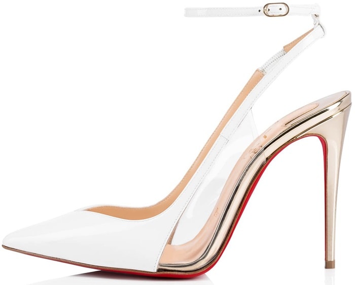 The pair is crafted in Bianco-colored patent leather, while light gold specchio leather is revealed peaking through PVC cutouts, tracing the bold arch and dressing the 100mm stiletto heel