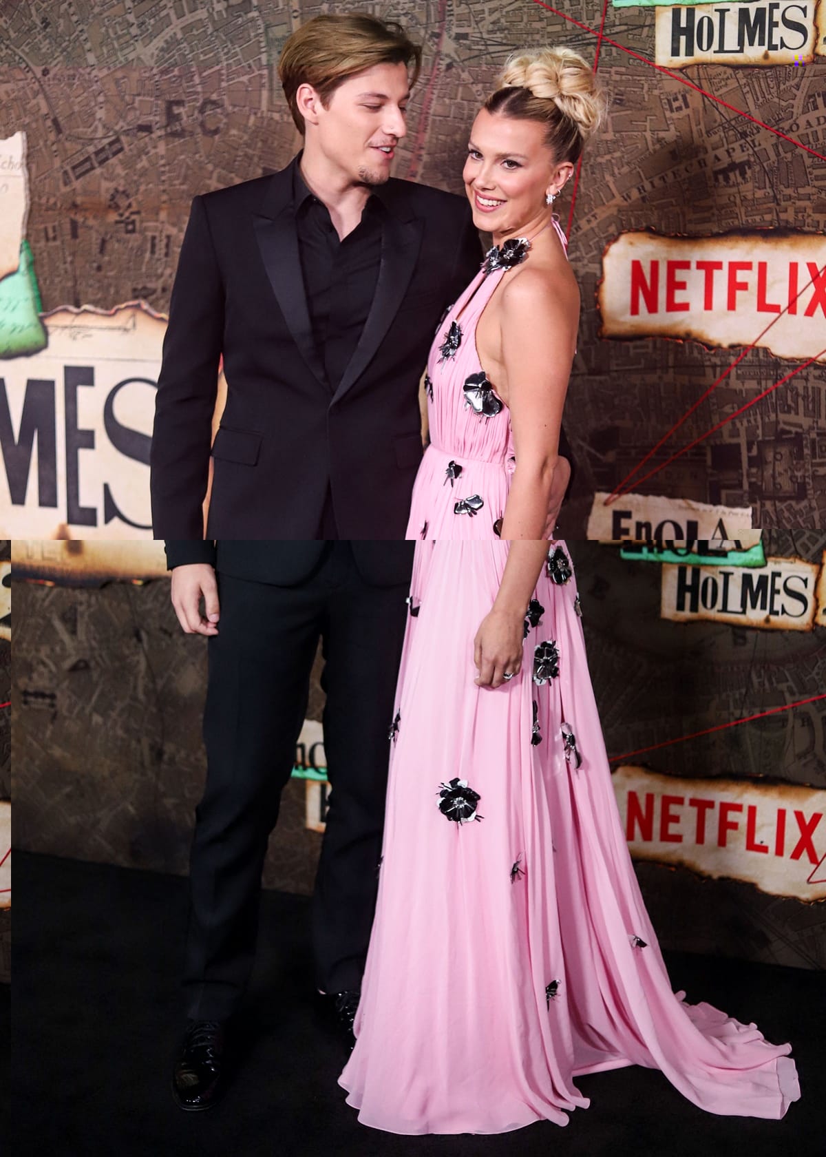 Jake Bongiovi with his girlfriend Millie Bobby Brown in a gorgeous plunging pink Louis Vuitton gown at the world premiere of Netflix's "Enola Holmes 2"