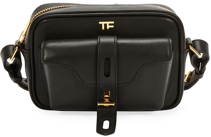 Camera bag from Tom Ford featuring an adjustable shoulder strap, gold-tone hardware, a top zip fastening and a front compartment