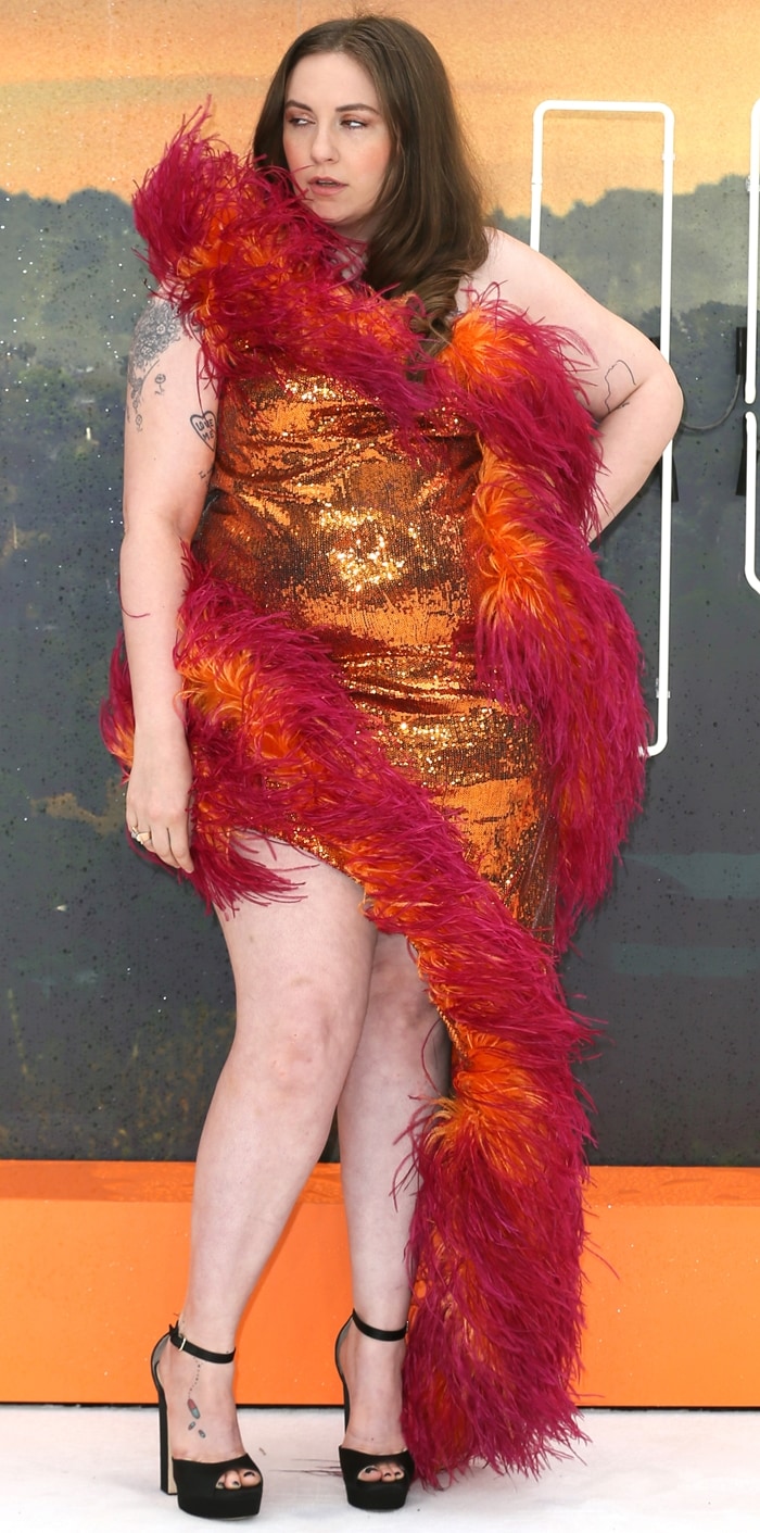 Lena Dunham paraded her long legs at the UK premiere of her hit film Once Upon a Time In Hollywood