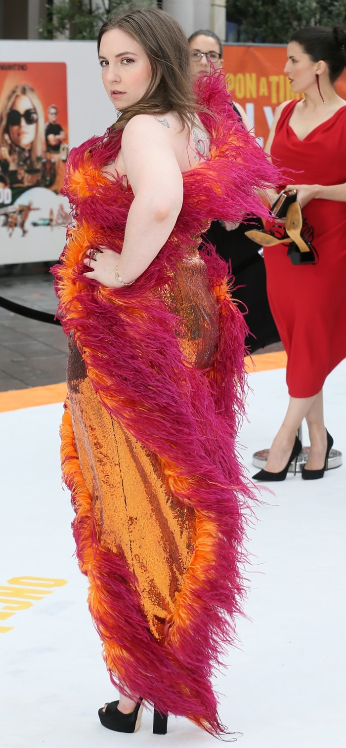 Lena Dunham looked like a drunk ostrich in her custom orange sequined dress