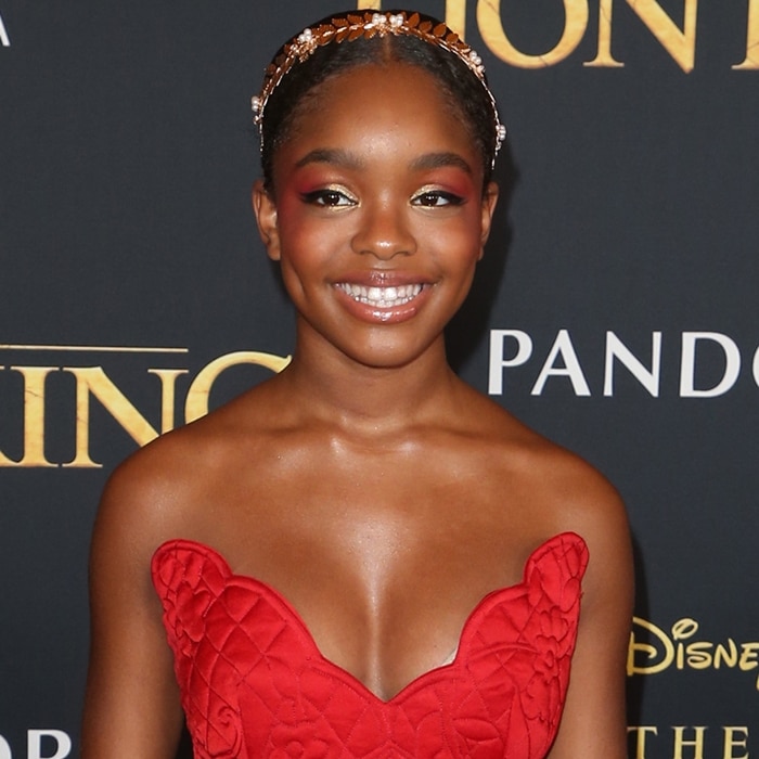 Marsai Martin's red quilted dress and rose-gold headpiece