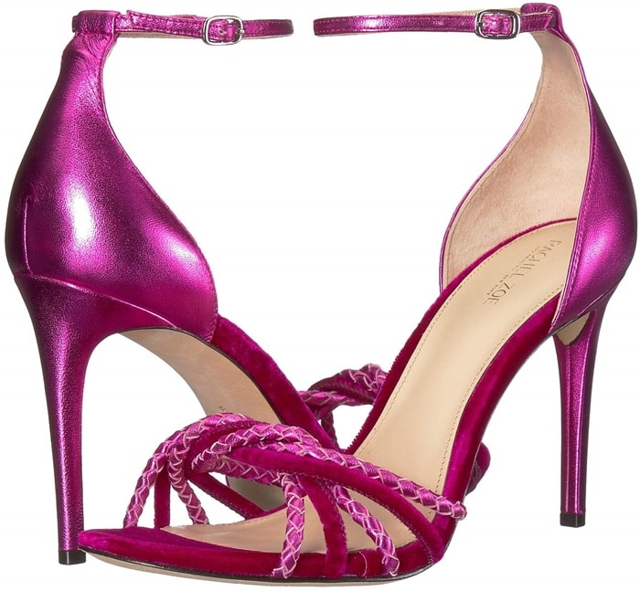 Twisted and braided vamp straps give this gleaming metallic leather stiletto Aubrey sandal added texture