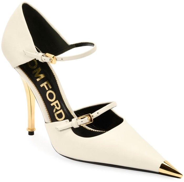 Mary Jane pumps from Tom Ford featuring two buckle-fastened straps, a pointed toe with gold-tone cap, a gold-tone high heel and a leather sole