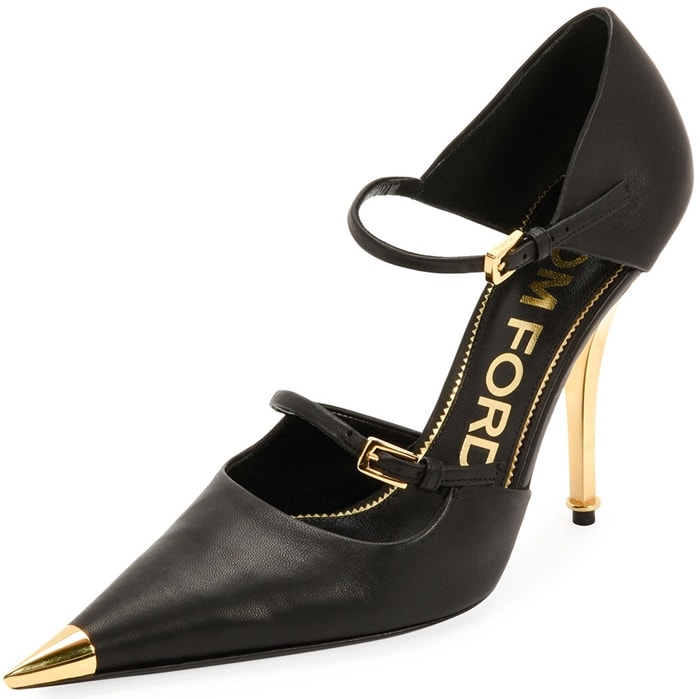 Mary Jane pumps from Tom Ford featuring two buckle-fastened straps, a pointed toe with gold-tone cap, a gold-tone high heel and a leather sole