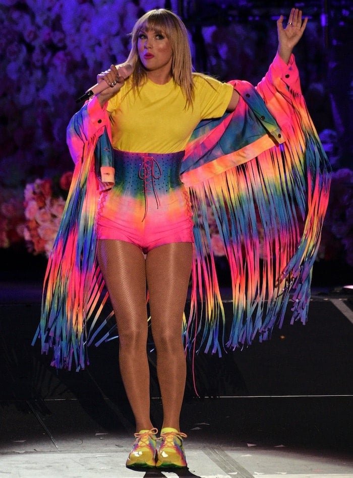 Taylor Swift performed at Kiss FM Wango Tango on June 2, 2019, in a head-to-toe rainbow outfit