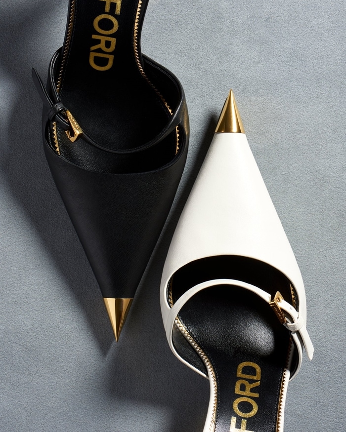 Mary Jane pumps from Tom Ford featuring two buckle-fastened straps, a pointed toe with gold-tone cap, a gold-tone high heel and a leather sole