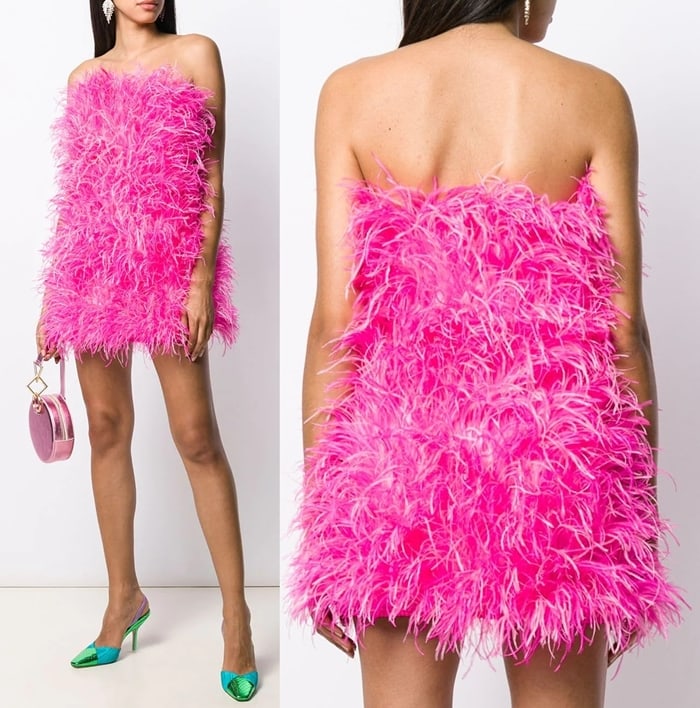 Pink cotton blend feather mini dress from Attico featuring a strapless design, a textured style, a short length and faux-pearl embellishments