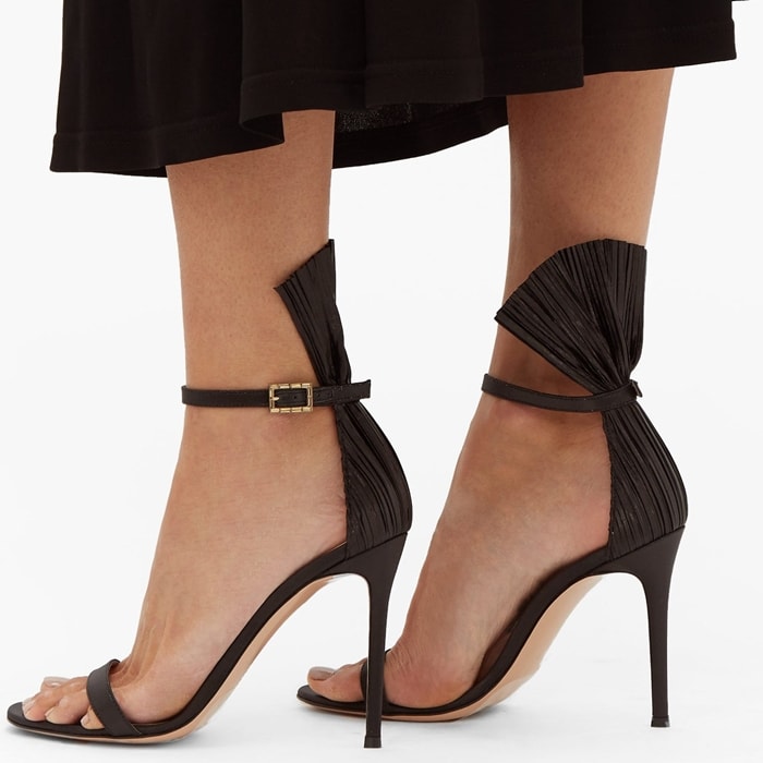Black leather Belvedere 105mm sandals from Gianvito Rossi featuring an open toe, an ankle strap with a side buckle fastening, a branded insole, a raised frill design at the rear and a high heel
