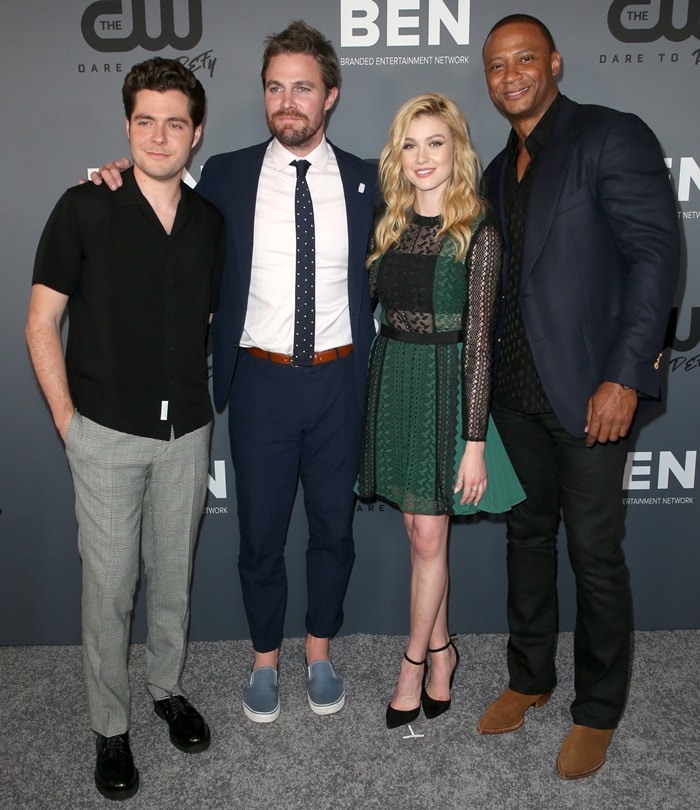 Ben Lewis, Stephen Amell, Katherine McNamara, and David Ramsey at CW’s Summer TCA Party