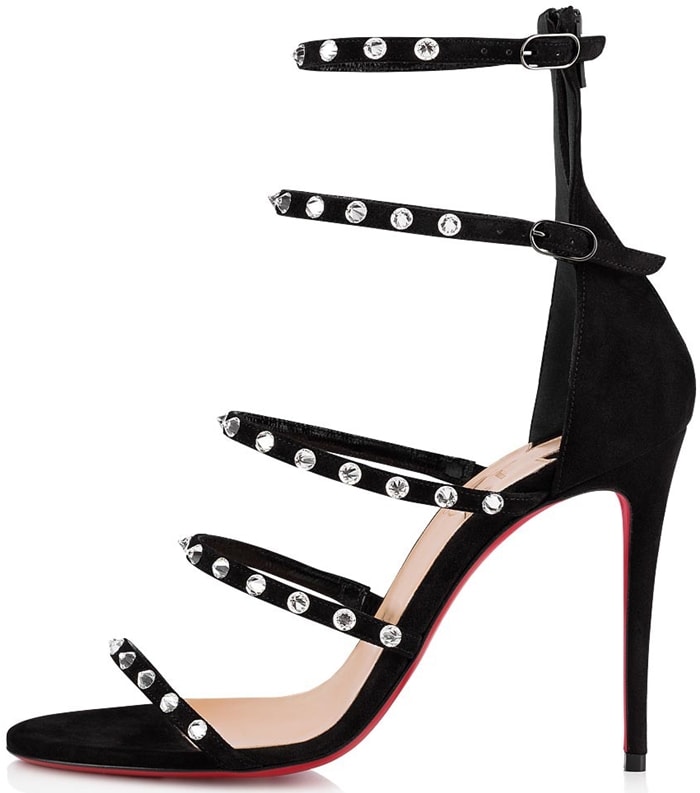 With their dizzying appeal coupled with audacity, the Forever KST sandal made from black veau velours showcases details from the expertise of the Louboutin House