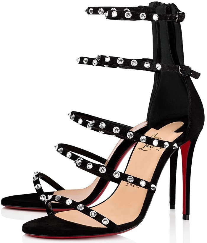 With their dizzying appeal coupled with audacity, the Forever KST sandal made from black veau velours showcases details from the expertise of the Louboutin House