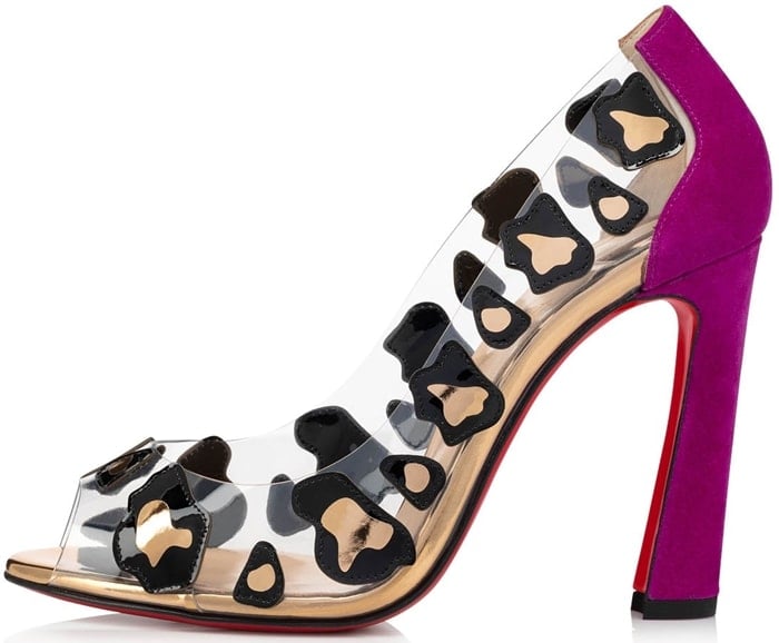 Inspired by animal prints, the pair uses the clear PVC upper to float black patent leather pieces dotted with gold specchio leather resembling liquid-sleek leopard spots on the foot