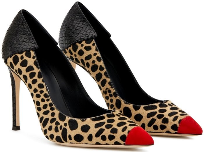 These high-heel, animal print natural pony pumps are characterized by the cocktail red suede patent insert on the front, and by the black alligator print leather insert on the back